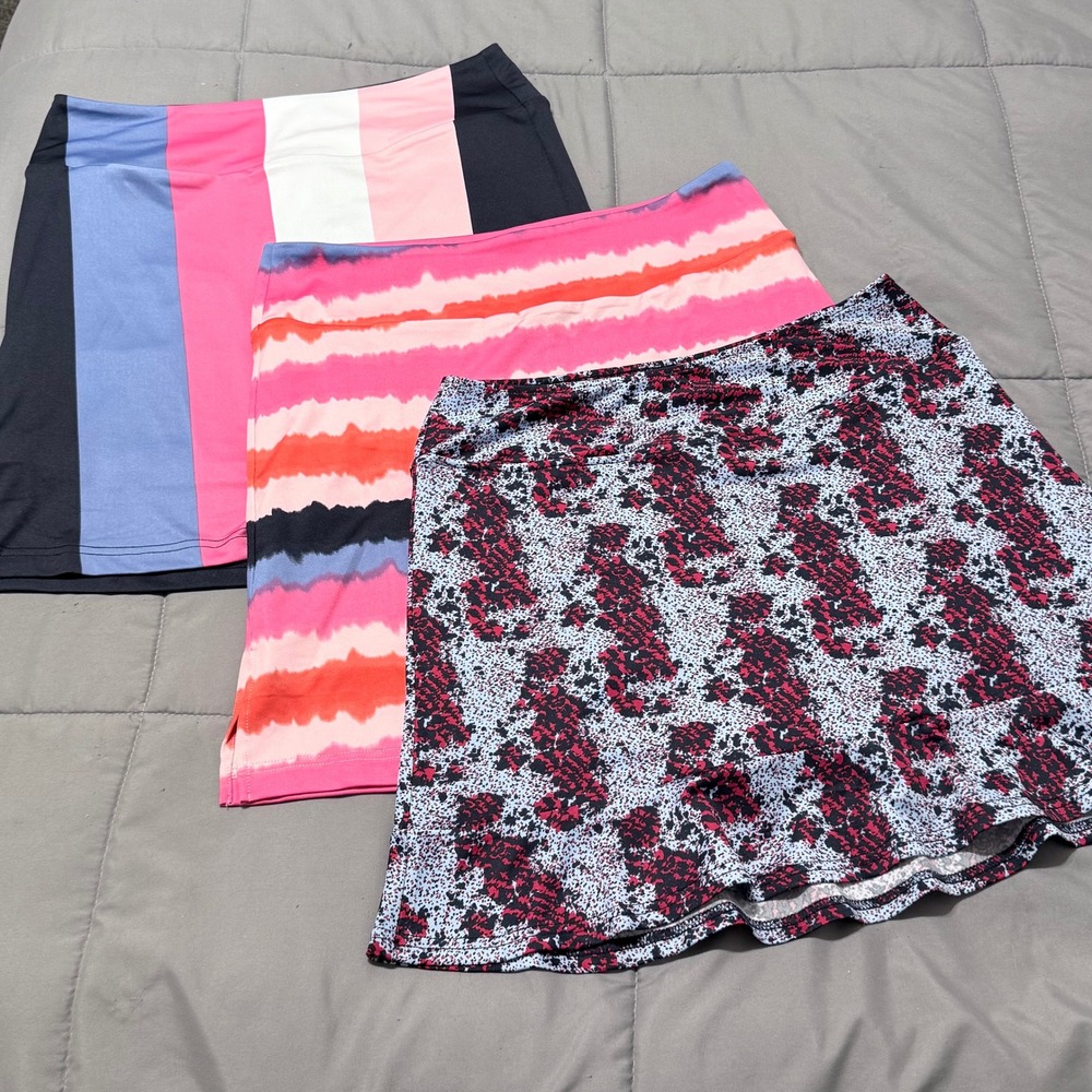 Lot of 3 Golftini Golf Skorts Size M Pink Label Striped Tie Dye Floral Skirts